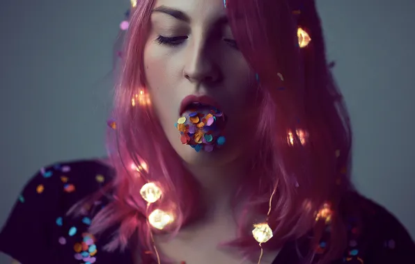Picture language, girl, face, lights, hair, color, garland