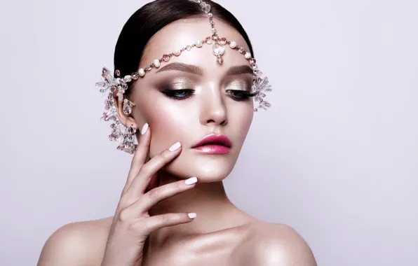 Girl, decoration, eyelashes, model, hands, makeup, hairstyle, manicure