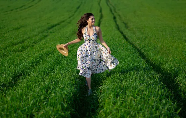 Picture field, summer, girl, nature, pose, smile, dress