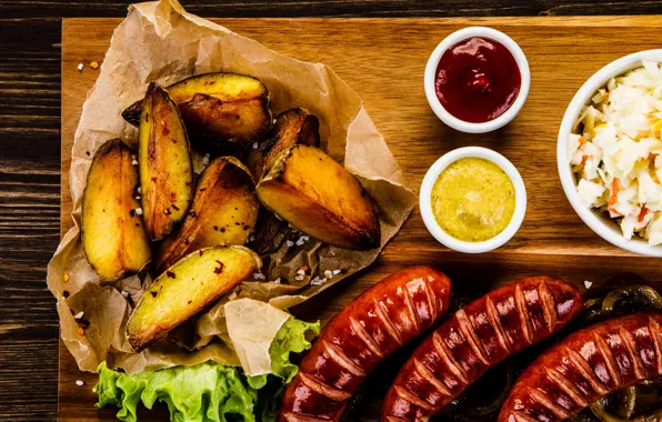 Food, sauce, salad, potatoes, sausages, cutting Board