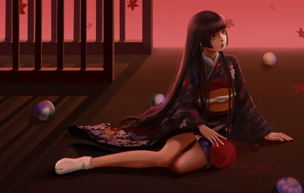 Girl, tangle, balls, kimono, Enma Ai, Jigoku Shoujo