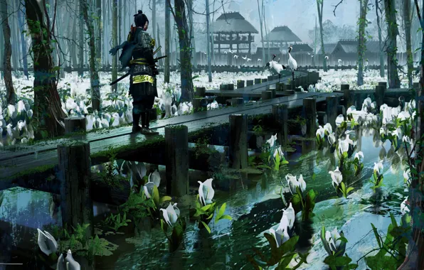 Picture pond, armor, samurai, water lilies, bridges, cranes, cloudy day, Ghost of Tsushima