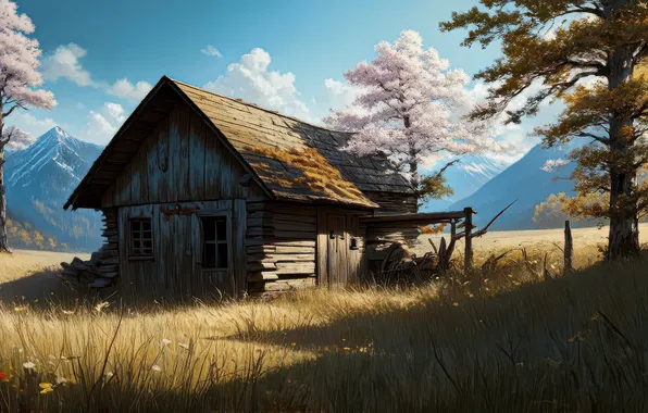 Field, clouds, mountains, nature, house, tree, hut, house