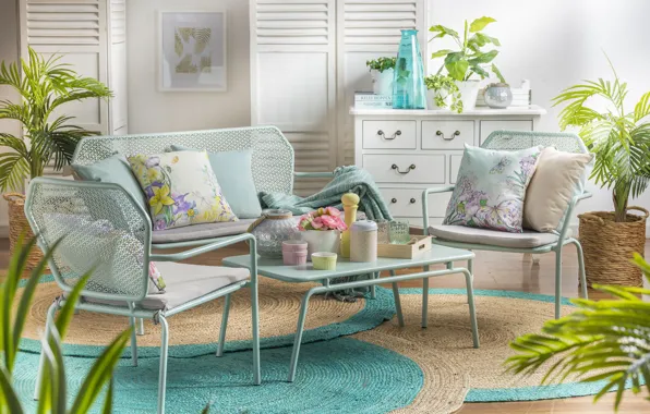 Design, interior, plants, positive, retro style, living room, light, retro style