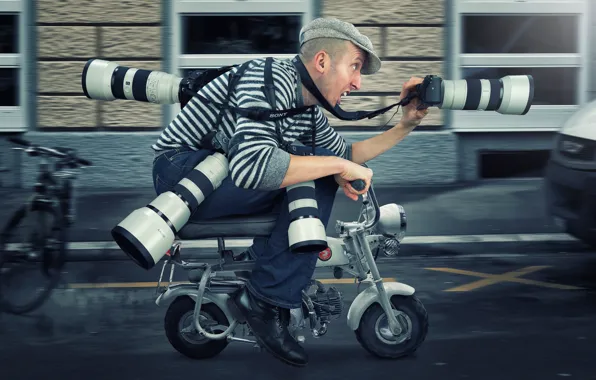Speed, man, humor, moped, photographer, paparazzi