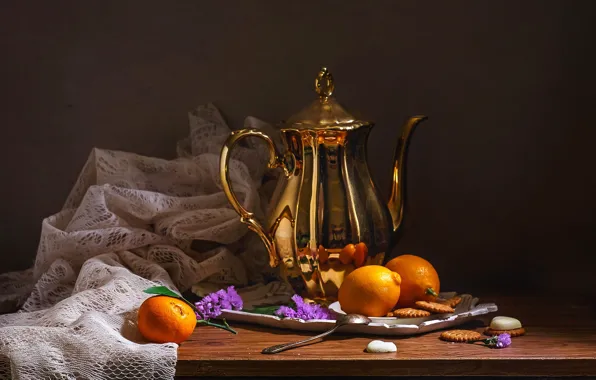 Flowers, metal, table, kettle, cookies, spoon, fabric, gold plated