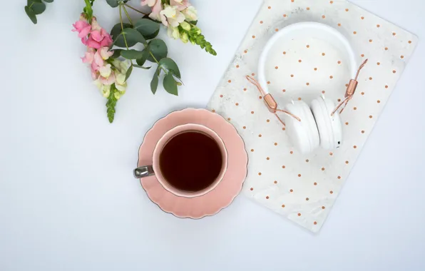 Picture flowers, coffee, headphones, Cup, pink, flowers, cup, coffee