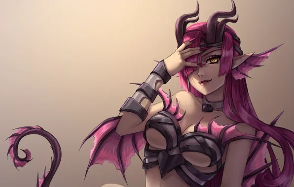 Picture chest, look, girl, the demon, tail, horns, succubus