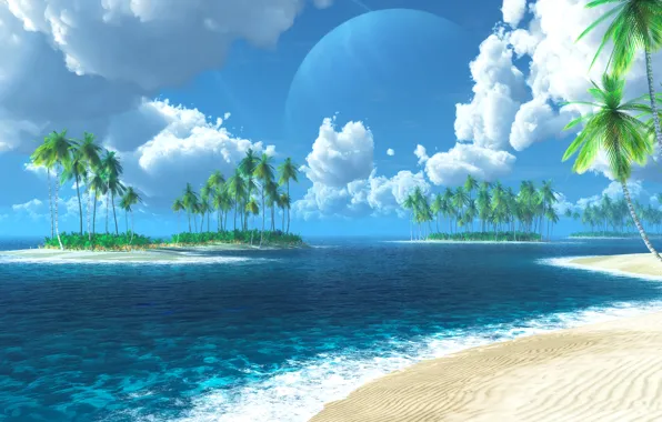 Sea, Islands, tropics, palm trees, graphics, digital, Tropic of Thetis