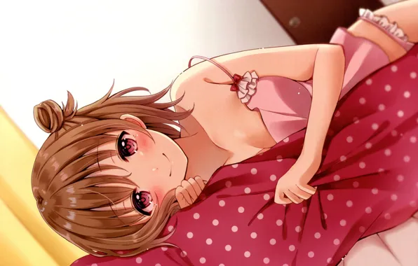 Smile, Ruski, girl, blush, bangs, polka dot, woke up, lying on the bed