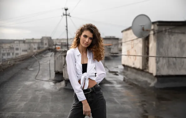 Picture look, girl, pose, jeans, blouse, curls, on the roof, Dasha
