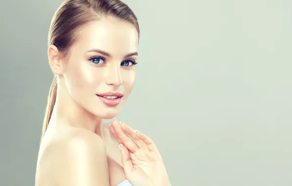 Girl, face, hair, hands, makeup, brunette, hairstyle, blue eyes