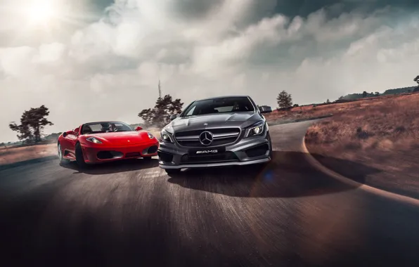 Picture Mercedes-Benz, F430, Ferrari, Red, AMG, Grey, Supercars, Colors