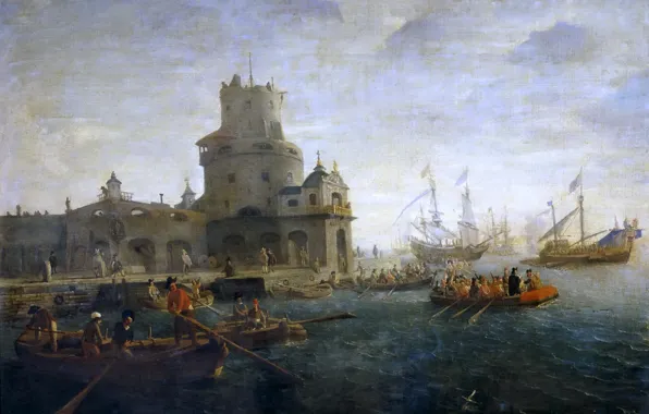 Sea, boat, ship, tower, picture, Fort, Gaspar van Eyck, Seascape
