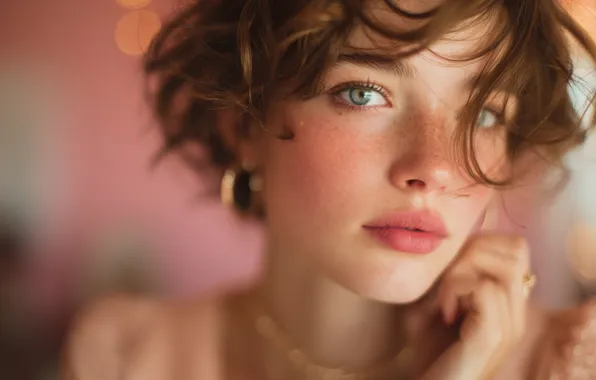 Look, girl, pose, tenderness, hand, portrait, freckles, blush