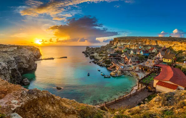 Sea, beach, landscape, sunset, rocks, Malta
