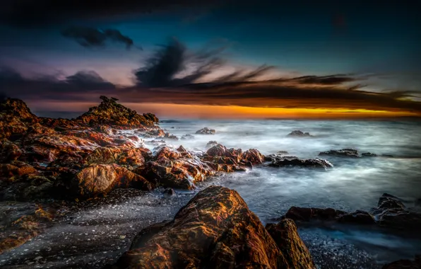 Sea, the sky, sunset, stones, shore, New Zealand, horizon