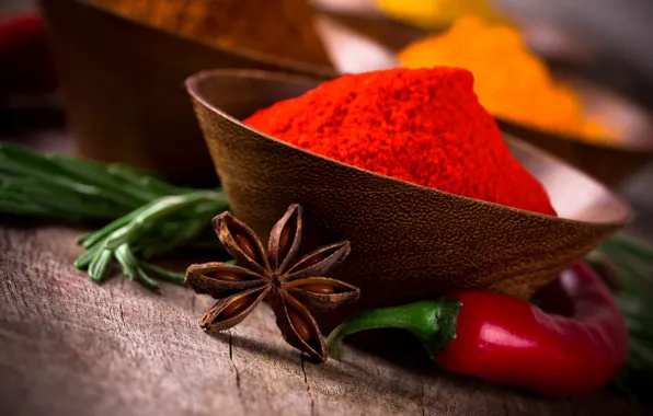 Table, pod, bowl, spices, seasoning, star anise, red pepper