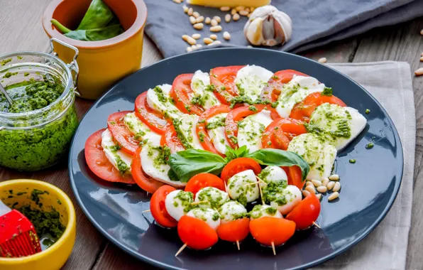 Tomatoes, salad, Basil, Caprese, mozzarella, pesto