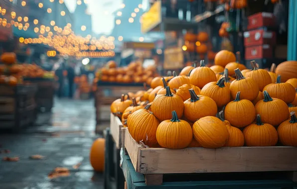 Autumn, the city, lights, street, harvest, pumpkin, box, a lot