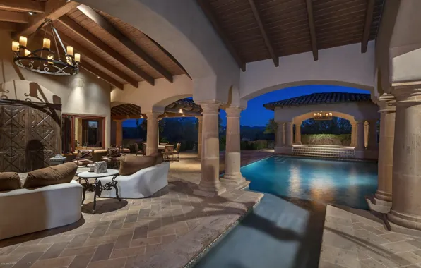 Picture design, Villa, interior, pool, AZ, columns, terrace, Scottsdale