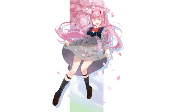 Girl, flowers, Sakura, 002, Darling In The Frankxx, Cute in France, Zero Two
