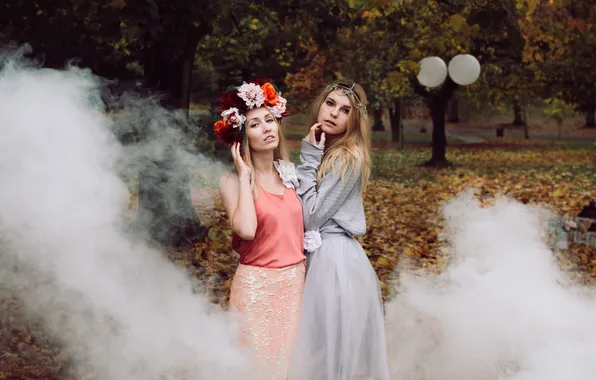 Picture autumn, leaves, trees, Park, the way, girls, hair, smoke