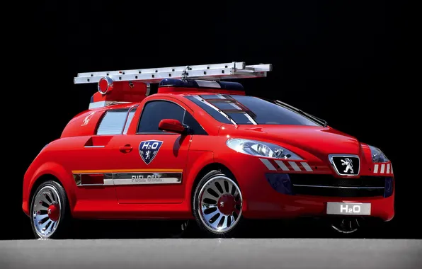 Red, concept, ladder, Peugeot, peugeot, flashers, h2o, the automobile fire truck