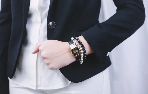 Watch, jacket, bracelets