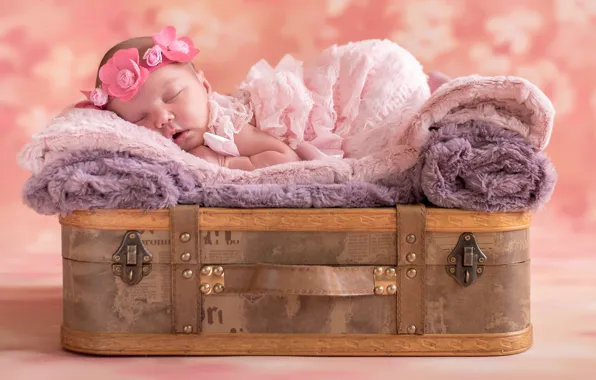 Picture sleep, girl, suitcase, wreath, baby, sleeping