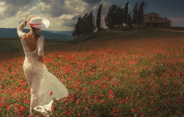 Girl, the wind, dress, hat