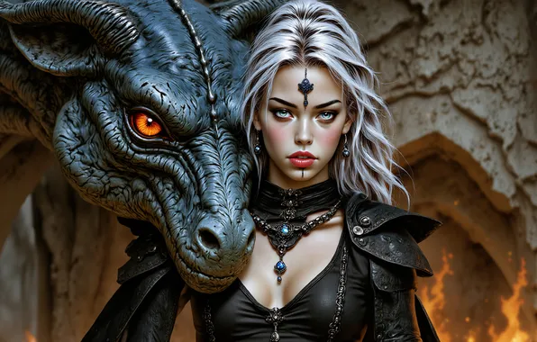 Girl, dragon, cave
