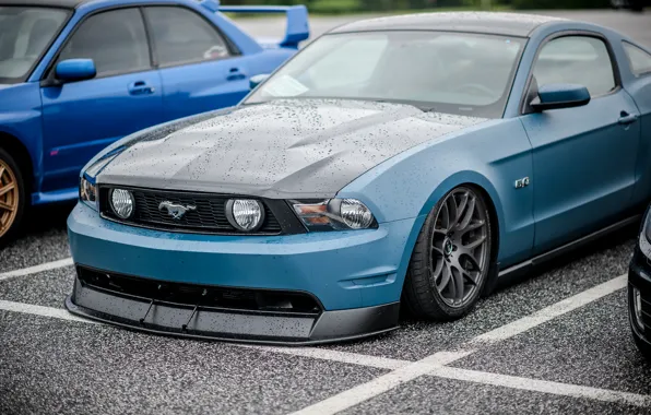 Mustang, Ford, Road, drives, blue, side