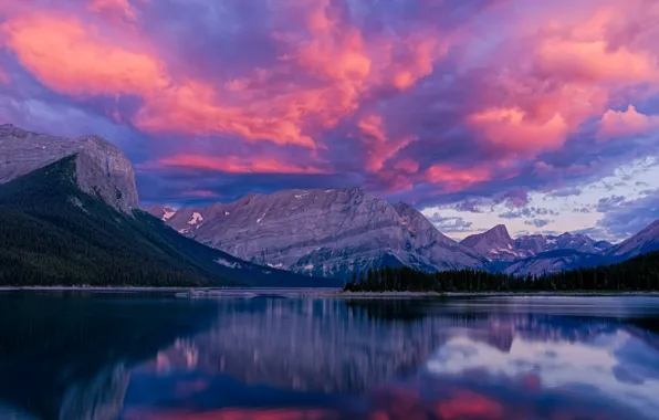 Picture forest, clouds, landscape, sunset, mountains, nature, rocks, pond
