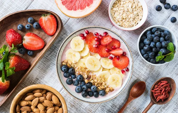 Berries, food, Breakfast, blueberries, strawberry, bananas, muesli, cereal