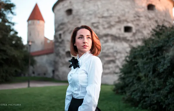 Trees, landscape, castle, lawn, model, skirt, portrait, makeup