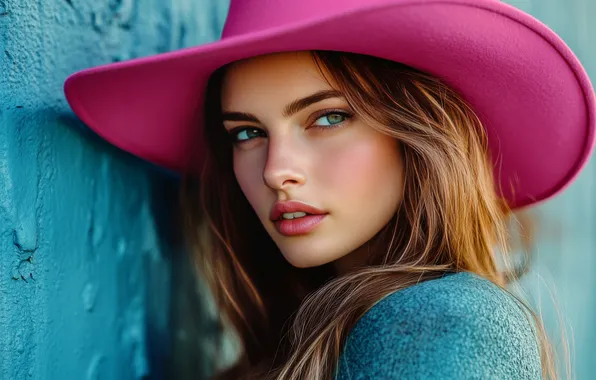 Look, girl, face, pose, wall, pink, portrait, hat