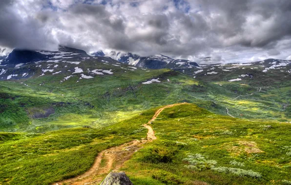 Picture road, the sky, grass, clouds, mountains, clouds, valley