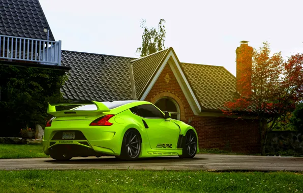 Picture green, Nissan, 370z, vossen wheels, rearside