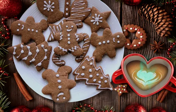 Stars, balls, heart, Board, coffee, men, cookies, plate