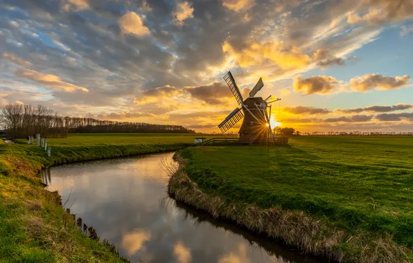 Field, sunset, dawn, channel, pond, Bank, windmill