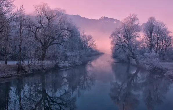 Picture winter, frost, mountains, nature, fog, river, morning, Germany