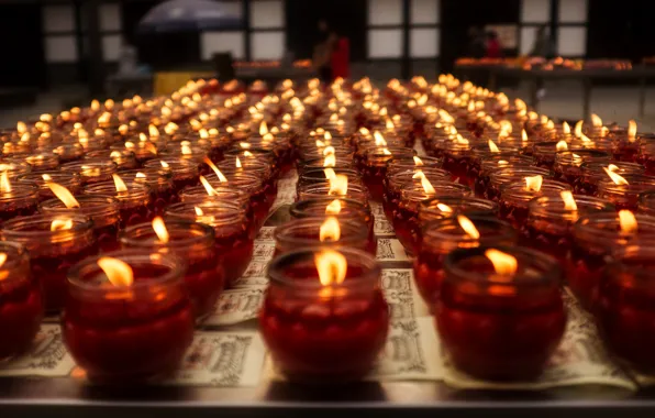 Flame, candles, a lot, the room, bokeh, candlesticks, in a row