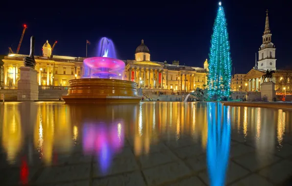 Lights, holiday, England, London, tree, Christmas, fountain, Trafalgar square