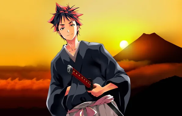 Sunset, sword, anime, guy, Shokugeki no Soma, Soma, kitchen catfish