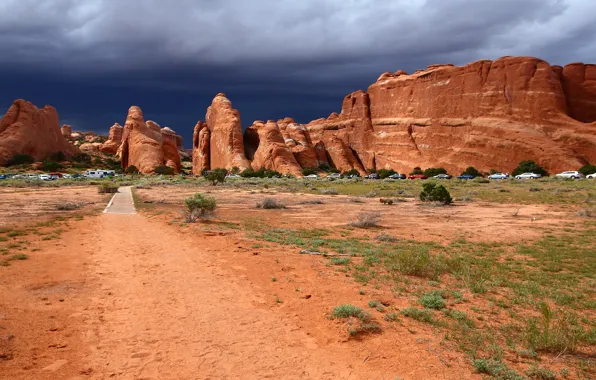 The sky, rocks, Utah, USA, cars, arches national park