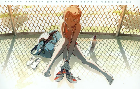 Summer, mesh, the fence, shadow, red, schoolgirl, bag, sneakers