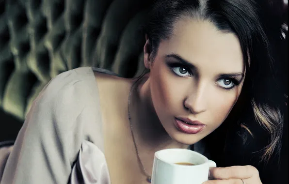 Picture look, girl, coffee, brunette, mug, chain