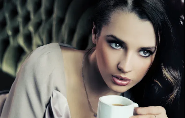 Look, girl, coffee, brunette, mug, chain