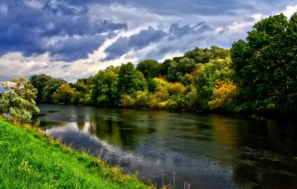 Picture autumn, the sky, clouds, river, grove